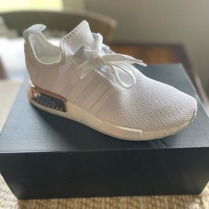 Adidas NMD R1. White w/ gold accents